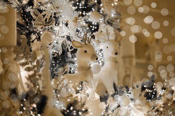 Winter wonderland with reindeer and festive lights by the tree