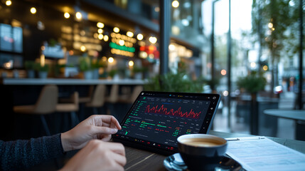 Person analyzing stock market data on a tablet in a caf?.