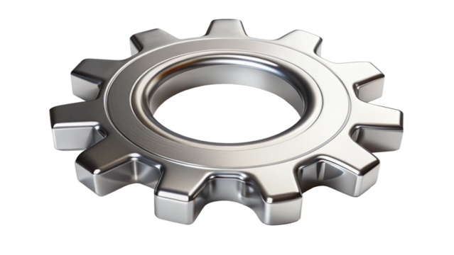 Silver gear icon 3d top view isolated on transparent background