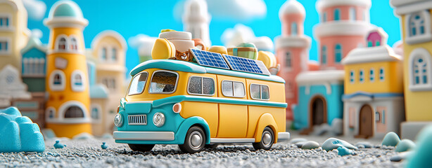 Colorful toy van adventure in vibrant cityscape playful scene bright colors whimsical viewpoint imagination unleashed
