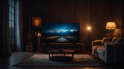 Mock Up 3D TV Screen with Remote Rustic living room with TV displaying mountains at night