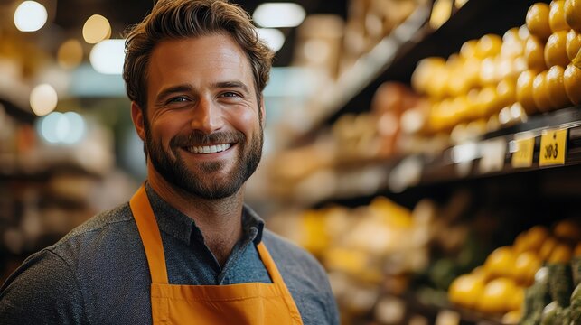 Smiling male store clerk in an orange apron, standing in a wellstocked grocery store aisle