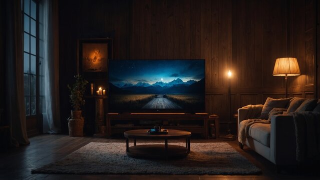 Mock Up 3D TV Screen with Remote Rustic living room with TV displaying mountains at night