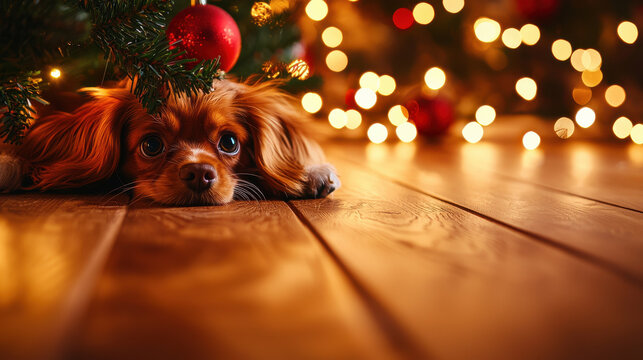 cute dog lies under Christmas tree with festive lights and ornaments glowing warmly