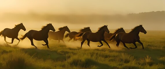 A herd of wild mustangs galloping through a lush green prairie their manes and tails flowing against a golden sky