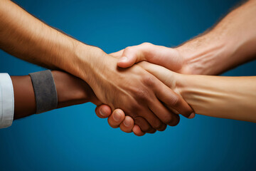 Close up of business people joining hands over blue background, symbolizing unity and partnership