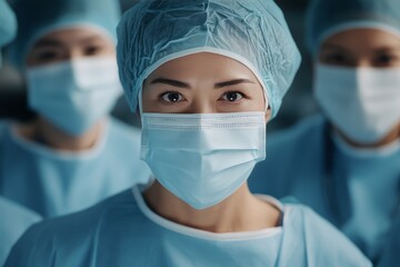 Healthcare professionals in blue scrubs and masks ready for service in a clinical setting