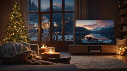 Mock Up 3D TV Screen with Remote Festive living room with Christmas tree and TV displaying snowy lake