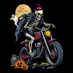 Spooky Ghost on a Motocross Adventure - Hand-Drawn Engraving StyleSpooky Ghost on a Motocross Adventure - Hand-Drawn Engraving Style