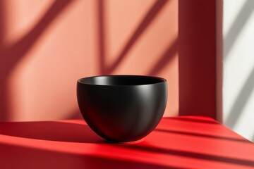 A minimalist black bowl displayed with shadows on a striking red surface, combining simplicity and elegance in modern design.