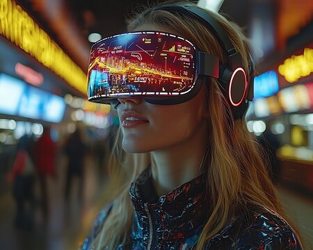 Businesswoman Using Augmented Reality Glasses for Global Business Travel Planning - Powered by Adobe