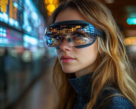 Businesswoman Using Augmented Reality Glasses in International Airport to Plan Global Business Travel Routes