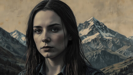 Portrait of a young woman against a dramatic mountain backdrop during the golden hour of dusk