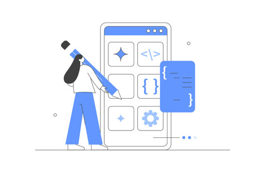Character developing new mobile app. Developer team programming and coding code for mobile user interface. Development process concept. Flat Cartoon Vector Illustration, icon. Stylish abstract