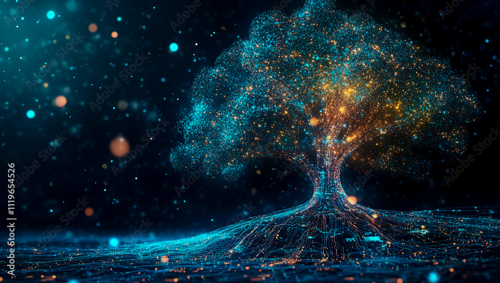 Wall mural a futuristic digital tree with glowing branches and roots made from interconnected data points.