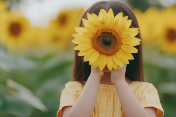 Sweet girl with sunflower in garden during golden hour