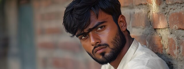 Obraz premium A cinematic photograph of an Indonesian man with short hair and a beard,