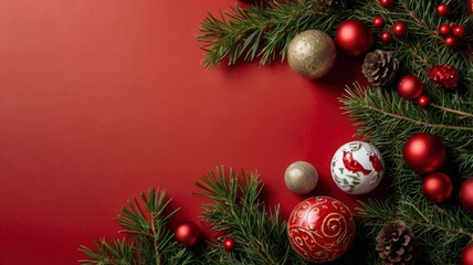 Christmas Border concept on the red background. Top view with copy space for your text.