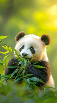 Panda eating bamboo in natural habitat close-up photography lush green forest wildlife conservation focus