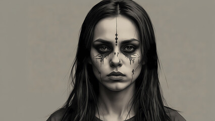Mysterious woman with dark facial markings and intense gaze in a minimalistic backdrop