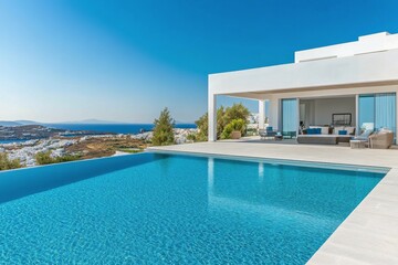 Fototapeta premium Modern villa with infinity pool overlooking the ocean in a coastal location