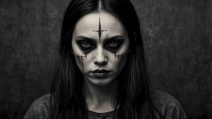 Dark and haunting portrait of a woman with striking face paint and intense gaze captured in low light setting