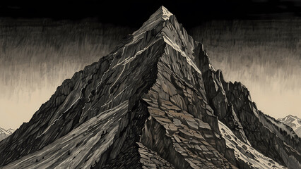 Majestic mountain peak rises dramatically against a dark sky at dusk showcasing rugged terrain and natural beauty
