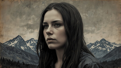 Young woman stares thoughtfully at mountains under a dramatic cloudy sky in a remote wilderness setting
