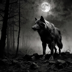 Dark wolf stands under a full moon in a foggy forest at night