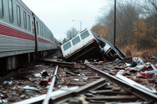 A derailed train and a tipped van lie scattered across tracks, amidst debris, evoking a scene of chaos and potential stories.