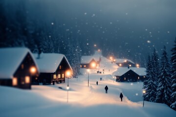 Winter wonderland with snow falling on cozy cabins in a mountainside village