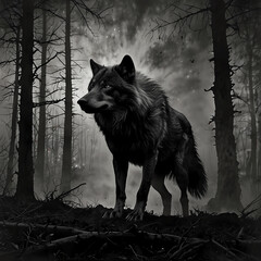 Majestic wolf stands in a dark forest under a misty sky during twilight hours