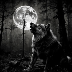 Majestic wolf howling under a full moon in a dark forest at night