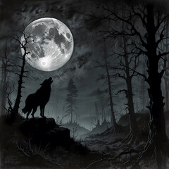 Wolf howls at the full moon in a dark forest during a quiet night