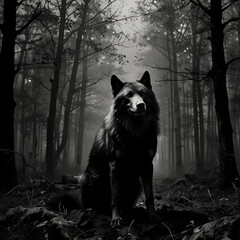 Majestic black wolf stands confidently in a dark forest surrounded by trees during dusk
