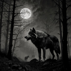Majestic wolf stands in a moonlit dark forest with a second wolf in the background during a calm night