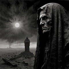 Dark and haunting figure stands in a desolate landscape under a menacing sky with a glowing orb in the background