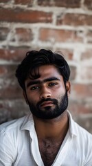 Fototapeta premium A cinematic photograph of an Indonesian man with short hair and a beard,