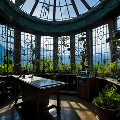 Natural light fills a botanical study room in a scenic mountainous location during daylight hours