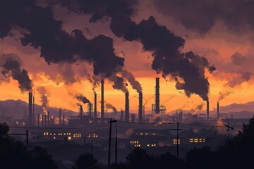Industrial plant releasing pollution into the atmosphere at sunset, creating a dramatic and concerning scene