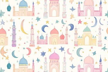 mosque wallpaper with repeating patterns of mosques and stars, creating a whimsical and festive design for Islamic holidays