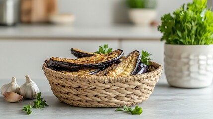 Obraz premium Crispy French fried eggplant served in a woven basket, placed on a rustic kitchen counter with garlic cloves and parsley sprigs