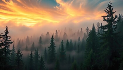 Misty landscape featuring a fir forest in a vintage retro aesthetic