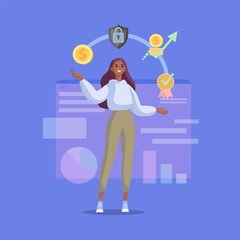 Woman presenting successful financial strategy with secure investment growth and guarantee certificate. Transaction Path. Finance and Security Elements