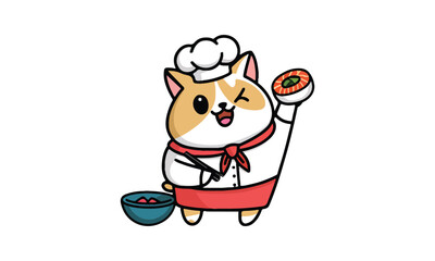 Naklejka premium Cute Chef Cats Holding Sushi and Chopsticks in Traditional Japanese Outfits 
