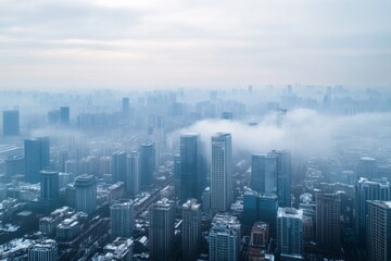 Obraz premium A panoramic cityscape shrouded in mist captures the quiet allure of winter as towers stretch towards a muted sky in an artful blend of architecture and nature.