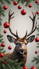 Naklejka premium A majestic deer with large antlers surrounded by Christmas ornaments and pine branches. Perfect for Christmas cards, posters, and holiday decorations.