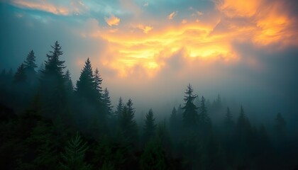 Misty landscape featuring a fir forest in a vintage retro aesthetic