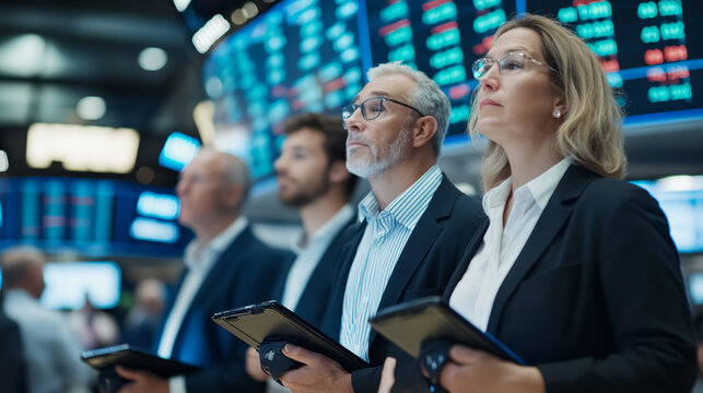 Professionals observing stock market data on digital displays.