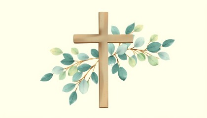 Peaceful Christian cross with eucalyptus branches.